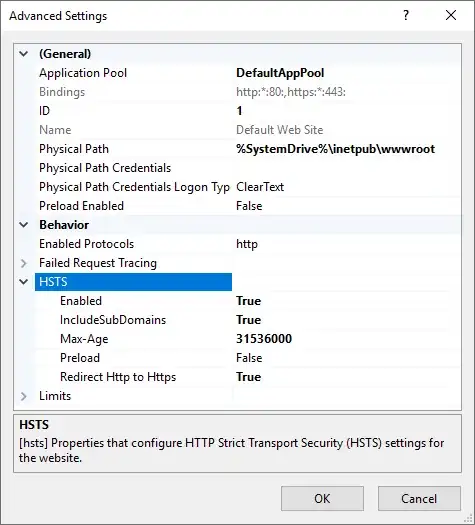 Screenshot of advanced settings showing HSTS enabled with max age and redirect