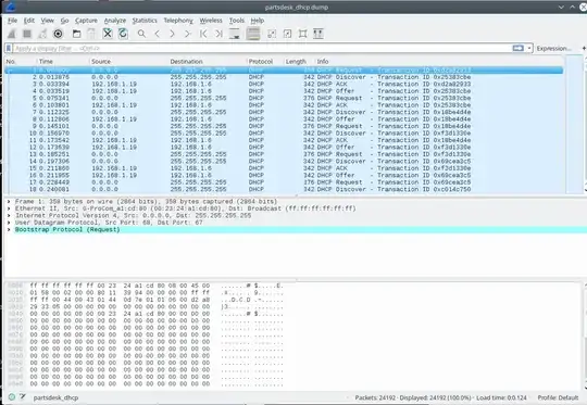 Wireshark screen-shot from DHCP Server capturing all traffic from client ether address.
