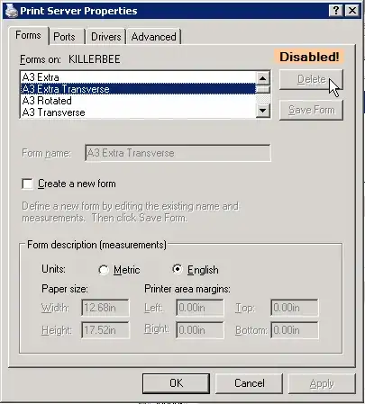 Print server properties box has a unusable delete button