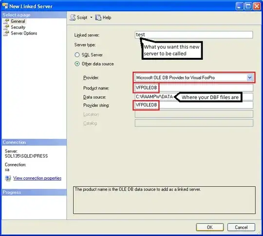 screenshot of New Linked Server with proper values for Foxpro connection