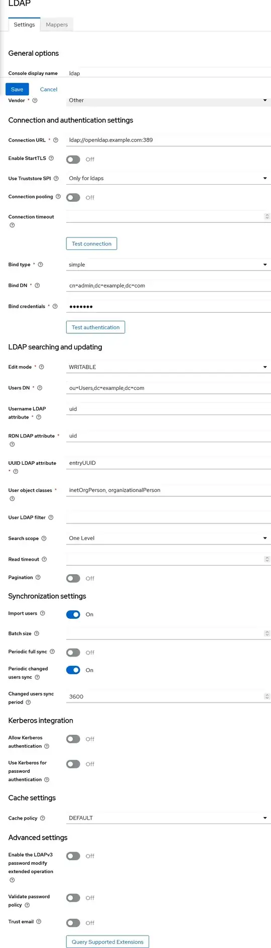 Keycloak user federation settings