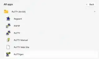 Start Menu, All apps, PuTTY section, PuTTYgen