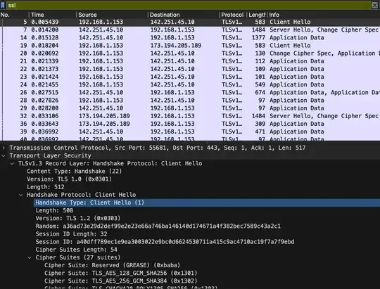 Wireshark screenshot showing Client Hello of TLS