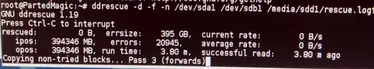 ddrescue screenshot, 0B copied