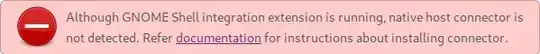 Screenshot of error message "Although GNOME Shell integration extension is running, native host connector is not detected. Refer documentation for instructions about installing connector."