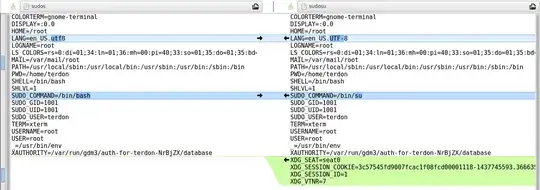 screenshot of meld comparing 'sudo -s' and 'sudo su'