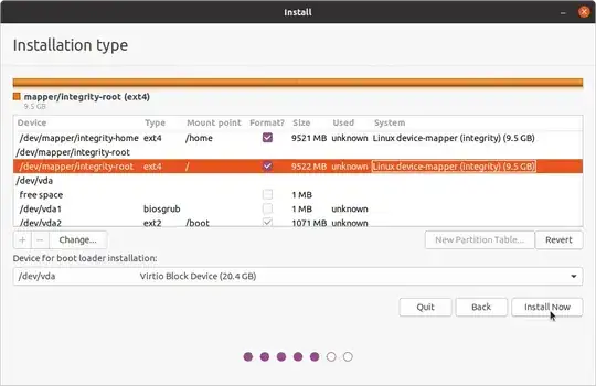 Ubuntu installer Installation type showing integrity-root as /, integrity-home as /home, vda2 as /boot