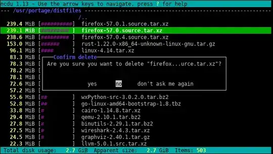 The output of the "ncdu" program. The output is listing files in /usr/portage/distfiles in descending size order, with the file size and name. The user is in the middle of deleting the 239.1 MiB "firefox-57.0.source.tar.xz" file, as it is superceded by the 239.4 MiB "firefox-57.0.1.source.tar.xz" later version.