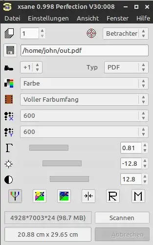 xsane settings for a4, 600 dpi and color