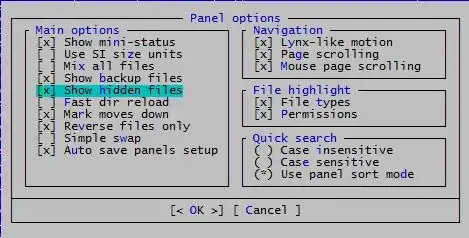 Panel options screenshot highlighting the option to Show hidden files