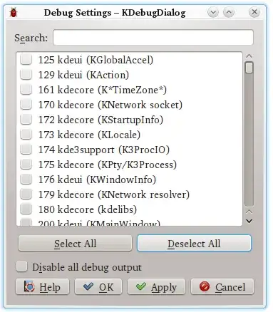 Screenshot of kdebugdialog