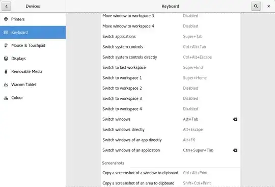 Screenshot of the settings window, showing the keyboard shortcuts