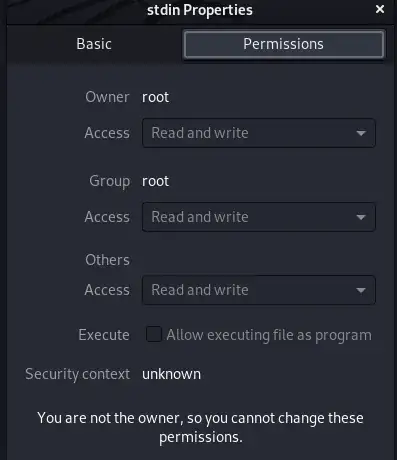 stdin permissions info