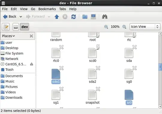 Nautilus (File Browser) view of dev directory, showing sda1 and sr0