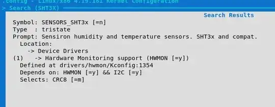 Screenshot of make menuconfig showing the search results for “SHT3X”